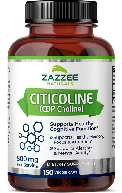 Zazzee Extra Strength Citicoline, 500 mg per Serving, 150 Vegan Capsules, 75 Day Supply, Superior CDP Choline Form, 100% Vegetarian, All-Natural, Pharmaceutical Grade and Non-GMO