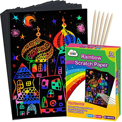 ZMLM Scratch Paper Art Set, 60 Pcs Rainbow Magic Scratch Paper for Kids Black Scratch Off Art Crafts Kits Notes with 5 Wooden Stylus for Girls Boys Toy Halloween Party Game Christmas Birthday Gift