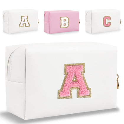 Small Personalized Initial Letter Makeup Bag, Cute Waterproof PU Leather Chenille Letter Cosmetic Bag Travel Makeup Bag, Preppy Makeup Pouch Toiletry Zipper Pouch Organizer for Women and Girls(WH P-A)