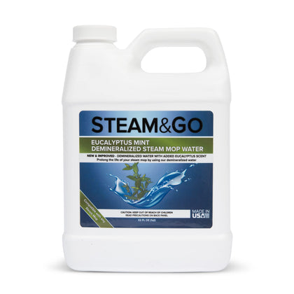 Steam & Go - Demineralized Water for Steam Cleaner, PVC-Free Floor Cleaner Liquid Compatible With Any Mop Steamer, Ready-to-Use Multisurface Cleaner, Scented Mop Solution, Eucalyptus Mint, 32 oz