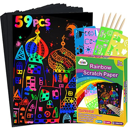 ZMLM Scratch Paper Art Set: 60Pcs Magic Drawing Art Craft Kid Black Scratch Off Paper Supply Kit Toddler Preschool Learning Bulk Toy for Age 3 4 5 6 7 8 9 10 Girl Boy Christmas Birthday Party Gift