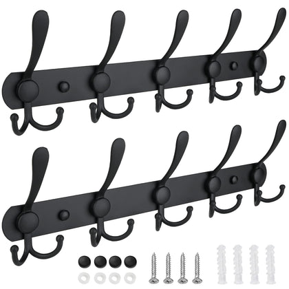 TICONN Wall Mounted Coat Rack, Five Heavy Duty Tri Hooks All Metal Construction for Jacket Coat Hat in Mudroom Entryway (Matte Black, 2-Pack)