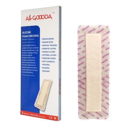 ALL GOOODA Silicone Foam Dressing 4x12[3 Pack] Post-Op Gentle Adhesive Border for Surgical Wound Care, Incision, Sacrum, Pressure Sore, Diabetic Ulcer, Extra Long Large Wound Bandage