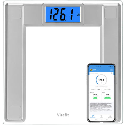 Vitafit 550lb Extra-High Capacity Digital Bathroom Scale for Body Weight and BMI Via Smart APP, Weighing Professional Since 2001, 8mm Tempered Glass and Step-on, Extra Large Blue Backlit LCD, Silver