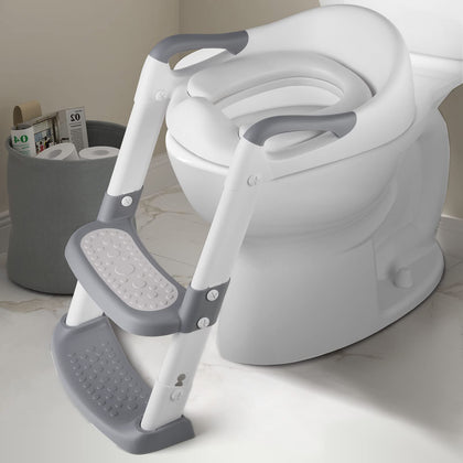 TEMFAU Potty Training Seat with Anti-Slip Step Ladder, Foldable Toilet Seat with Splash Guard & Soft Cushion for Toddler Kids, Height Adjustable Potty Training Toilet for Boys Girls, Grey