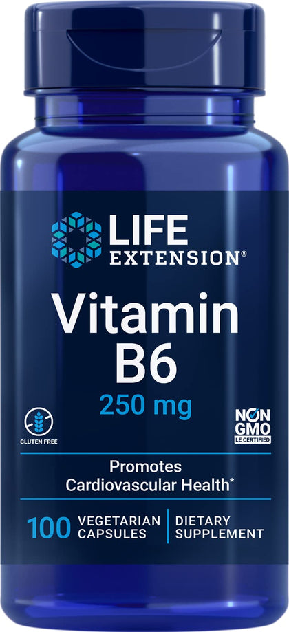 Life Extension Vitamin B6 250 mg - Glucose & Blood Sugar Supplement - For Cardiovascular & Neurological Health and Kidney & Eye Health - Gluten-Free, Non-GMO - 100 Vegetarian Capsules