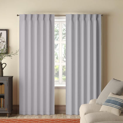 Homi Drapes Double Pinch Pleated Blackout Curtains for Hooks,Tieback Added 100% Polyester Thermal Insulated Room Darkening Patio Door,Window Drapes for Home(2 pannels W(26+26) (Silver, 52