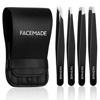 FACEMADE 4 Pack Tweezers Set - Professional Stainless Steel Tweezers for Men and Women, Precision Eyebrow Tweezers for Facial Hair, Chin, and Ingrown Hair Removal (Black)