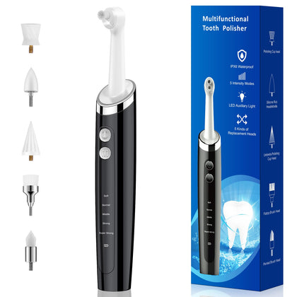 Pelzzle Rechargeable Tooth Polisher Kit for Daily Cleaning, Whitening and Polishing, Electric Dental Teeth Polisher with LED Light, 5 Brush Heads, 5 Speed Modes, Waterproof