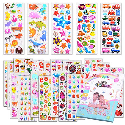 SWARKOL Kids Stickers 1000+, 40 Different Sheets, 3D Puffy Stickers for Kids, Bulk Stickers for Birthday Gift, Scrapbooking, Teachers, Toddlers, Including Animals, Stars, Fishes, Hearts and More