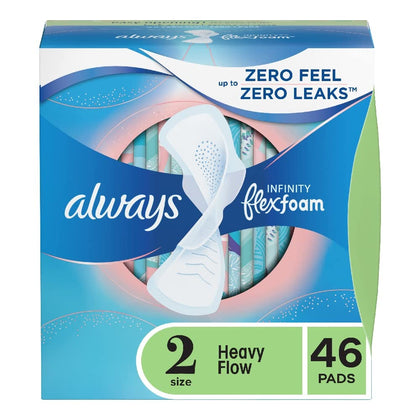 Always Infinity Feminine Pads for Women, Size 2 Regular, with wings, unscented, 46 Count