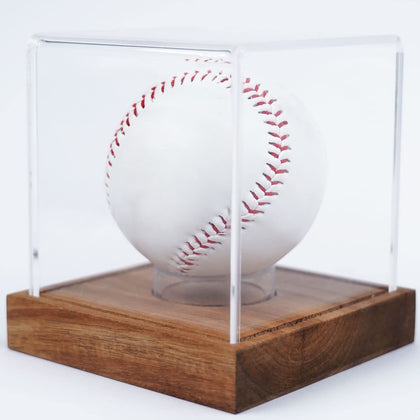 Baseball Display Case, Clear Cube Baseball Holder with Wooden Base, Autograph Baseball Stand Box for Single Ball, Acacia Wood, Brown, 1 Pack