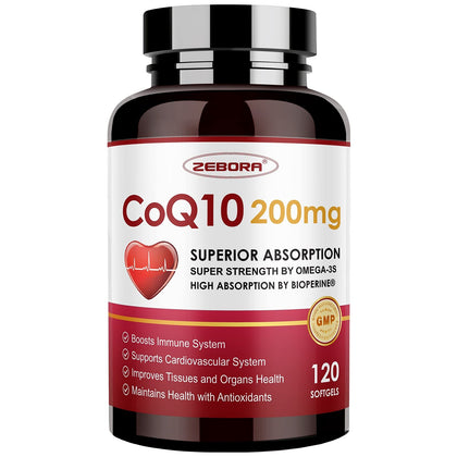 CoQ10-200mg-Softgels with PQQ, BioPerine & Omega-3, 120 Servings Coenzyme Q10(Ubiquinone) Supplement for High-Absorption, Powerful-Antioxidant, Support Heart & Energy-Production