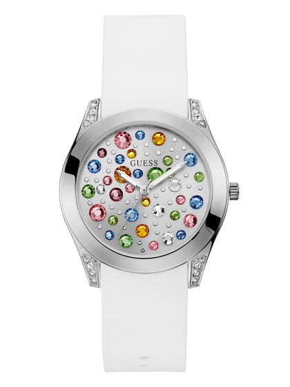 GUESS Silver-Tone + White Stain Resistant Silicone Multi-Colored Crystal Watch. Color: White (Model: U1059L1)