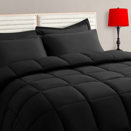 TAIMIT Black Queen Size Comforter Set - 7 Pieces, Bed in a Bag Bedding Sets with All Season Soft Quilted Warm Fluffy Reversible Comforter,Flat Sheet,Fitted Sheet,2 Pillow Shams,2 Pillowcases