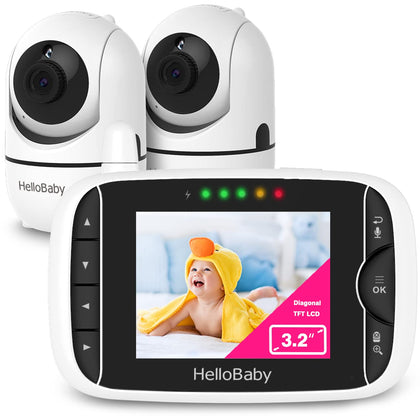HelloBaby Video Baby Monitor with 2 Cameras and Audio. Baby Monitor with Remote Pan/Tilt/Zoom, VOX Mode, Night Vision, 2-Way Talk, 8 Lullabies