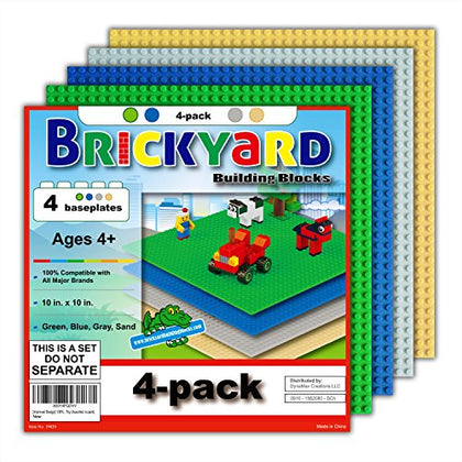 Brickyard Building Blocks Lego Compatible Baseplate - Pack of 4 Large 10 x 10 Inch Base Plates for Toy Bricks, STEM Activities & Display Table - Green, Blue, Gray, Sand