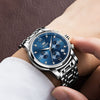 Men's Diamond Watches Blue Dial Roman numerals Chronograph Watches for Men Stainless Steel Band Fashion Luminous Hands Multi-Function Quartz Watches Water Resistant Silver Tone Men Watch with Date