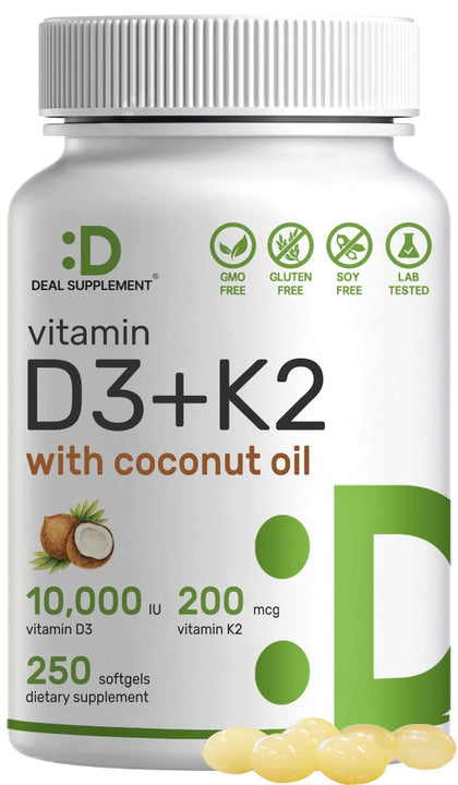Sunshine Vitamin D - Vitamin D3 10000 IU with K2 MK7 200mcg, Infused with Virgin Coconut Oil, Support Healthy Bones, Teeth and Immune System - Easy to Swallow