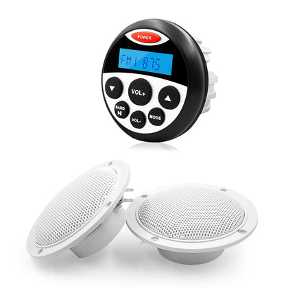 GUZARE Marine Stereo Audio Package - MP3 USB AM FM AUX in Marine Gauge Stereo Bluetooth Receiver Waterproof Radio with 1 Pair 4 Inch White Marine Speakers 304-4001W