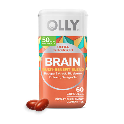 OLLY Ultra Strength Brain Softgels, Nootropic, Supports Healthy Brain Function, Memory, Focus and Concentration, Omega-3s, Vitamins B6 and B12, 30 Day Supply - 60 Count