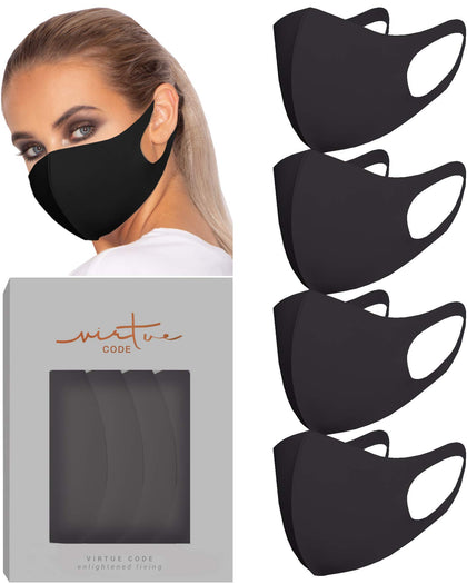 VIRTUE CODE Second Skin Cloth Face Mask Pack. 4 Buttery Soft Masks Washable Fabric - Black Face Mask Reusable. Stretchy, Comfortable, Fresh Facemask.
