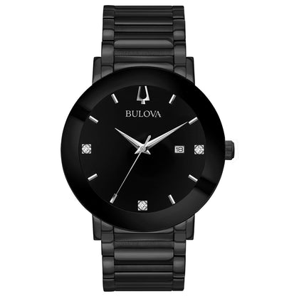 Bulova Men's Modern Black Ion-Plated Stainless Steel 3-Hand Calendar Date Quartz Watch, Diamond Dial Style: 98D144