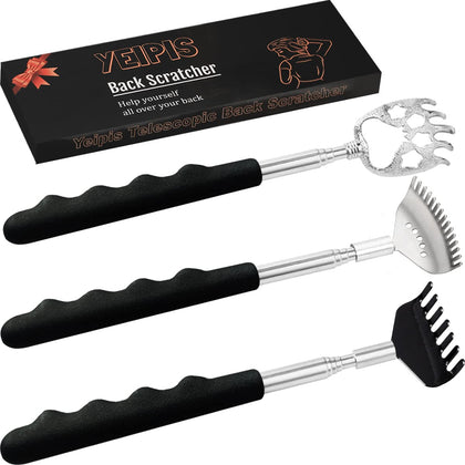 Yeipis 3 Pack Different Back Scratcher Metal Portable Telescoping Back scratchers with Rubber Handles, Extendable Back Massager Tool with Beautiful Box, Gifts for Men Women Kids Adults