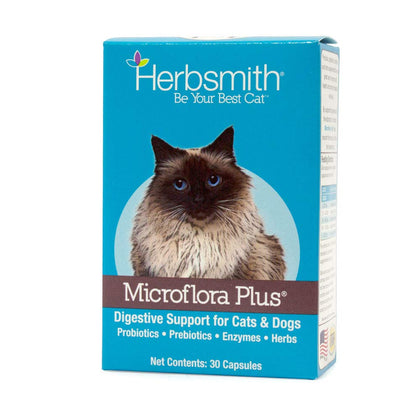 Herbsmith Microflora Plus - 4-in-1 Complete Cat Digestive Aid - Cat Prebiotics and Probiotics - Cat Probiotics for Diarrhea - 30 Capsules