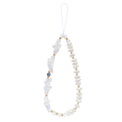 DLYFNVEV White Phone Charm Clear Quartz Evil Eye Pearl Beaded Phone Charms Strap Healing Crystal Cell Phone Accessories Charm Keychain Phone Chain Case Wrist Lanyard String Bracelet Strap Wristlet