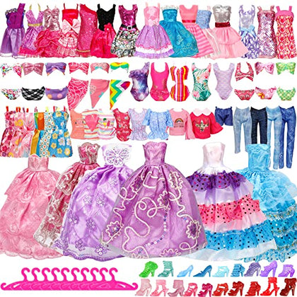 58 Pcs Doll Clothes and Accessories, 5 Wedding Gowns 5 Fashion Dresses 4 Slip Dresses 3 Tops 3 Pants 3 Bikini Swimsuits 20 Shoes for 11.5 inch Doll Christmas Stocking Stuffers Girls Gift Age 5-7 8-10