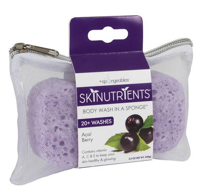 Spongeables Skinutrients Body Wash in a Sponge, acai Berry with Bonus Travel Bag, 20+ Washes, 3.5oz