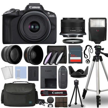 Canon EOS R50 Mirrorless Digital Camera Body Black with Canon RF-S 18-45mm f/4.5-6.3 is STM Lens 3 Lens Kit with Complete Accessory Bundle + 64GB + Flash & More - International Model (64gb Kit)