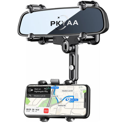 PKYAA Rearview Mirror Phone Holder for Car, 360° Rotating Rear View Mount with Adjustable Arm Length, Upgraded Four Corners Fixed Anti-Shake Multifunctional Design for All Smartphones