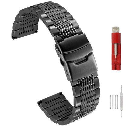 SINAIKE Solid Stainless Steel Mesh Watch Band for Men Women Brushed Middle Polished Metal Watch Strap Bracelet Deployment Clasp 20mm 22mm 24mm Black Silver Blue Gold Rose Gold (18mm, Black)