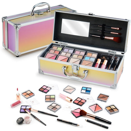 Color Nymph Makeup Kit For Teens With Train Case Portable Beginner Makeup Gift Sets Included 32 Colors Eyeshadow, Glitter Cream, Blush, Highlighter, Lip Gloss and Brush (Pink)