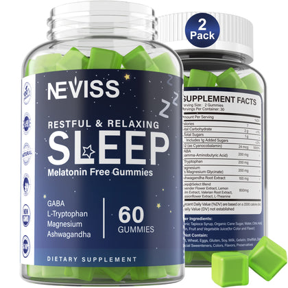 NEVISS Melatonin Free Sleep Aid Gummies for Adults - GABA, L-Tryptophan, Magnesium, Ashwagandha - Non-Habit Forming, Help for Deep Relaxation - Vegan, Meyer Lemon Flavor, 2Pack