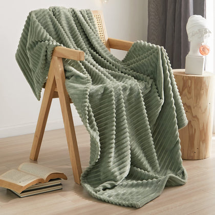 Geniospin Throw Blanket for Couch, Bed, Sofa - 280GSM Super Soft Lightweight Blanket with Strip, 3D Ribbed Jacquard , Plush Fuzzy Cozy Throws, Warm and Breathable (Sage Green, 50x60 inches)