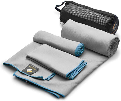 OlimpiaFit Quick Dry Towel - 3 Size Pack of Lightweight Microfiber Travel Towels w/Bag - Fast Drying Towel Set for Camping, Beach, Gym, Backpacking, Sports, Yoga & Swim Use (GREY)