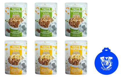 Applaws Taste Toppers Wet Dog Food in Gravy in 2 Flavors: (3) Chicken Breast With White Beans, Pumpkin & Peas and (3) Lamb With Zucchini, Carrot & Chickpeas (6 Pouches Total, 3 Oz Each) + Silicone Lid