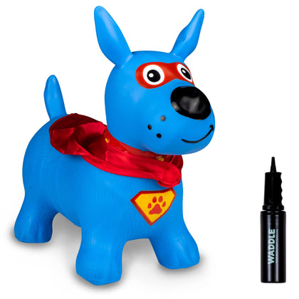 WADDLE Bouncy Hopper Inflatable Hopping Animal, Indoors and Outdoors Toy for Toddlers and Kids, Pump Included, Boys and Girls Ages 2 Years and U (Blue Super Hero Dog)