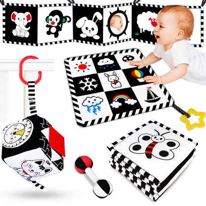 4 Pcs Baby Toys 0-3 Months Black and White High Contrast Newborn Toys - Tummy Time Toys Montessori Toys for Babies 0 3 6 9 Months - Infant Sensory Soft Book Toys for Babies Girls Boys Baby Gifts