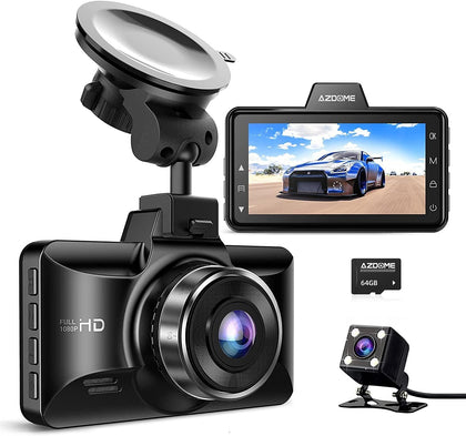 AZDOME Dual Dash Cam Front and Rear, 3 inch 2.5D IPS Screen Free 64GB Card Car Driving Recorder, 1080P FHD Dashboard Camera, Waterproof Backup Camera Night Vision, Park Monitor, G-Sensor, for Car Taxi
