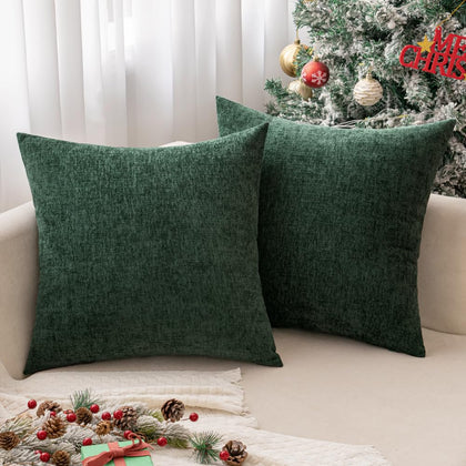 MIULEE Pack of 2 Christmas Green Throw Pillow Covers 18x18 Inch Soft Chenille Pillow Covers for Sofa Living Room Couch Solid Dyed Cases