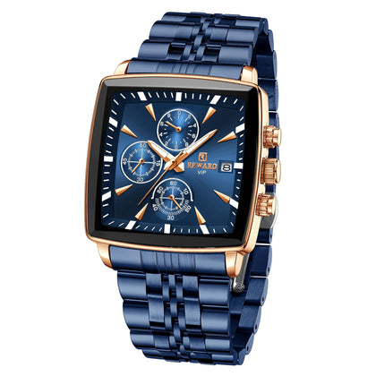 REWARD Square Mens Watch Business Quartz Wrist Watches for Men Chronograph Luminous Waterproof Man Wristwatch Blue