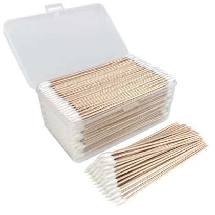 600 PCS 6 Inch Precision Tips Cotton Swabs - Long Wooden Stick Cotton Buds Pointed Cotton Swabs with Case - Cotton Tipped Applicators for Makeup, Cleaning Gun, Electronics, Hard to Reach Area