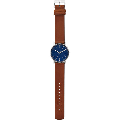 Skagen Men's Signatur Quartz Analog Stainless Steel and Leather Watch, Color: Brown / Blue (Model: SKW6355)