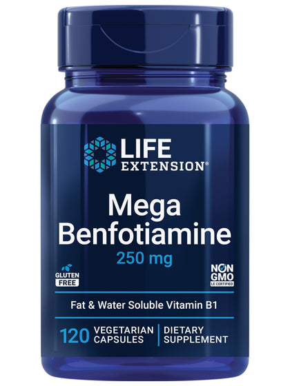 Life Extension Mega Benfotiamine, 250 mg, a Fat-Soluble Form of thiamine,Ultra-bioavailable Vitamin B1, high Potency, Gluten-Free, Non-GMO, Vegetarian, 120 Capsules