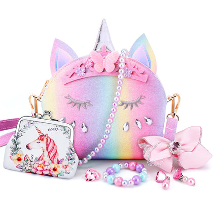 JYPS Crown Unicorn Purse for Little Girls, 7Pcs Cute Kids Purse Crossbody Bags & Kids Dress Up Jewelry Set Pretend Play Accessories, Birthday Presents Unicorn Gifts Toy for Girl, Toddler