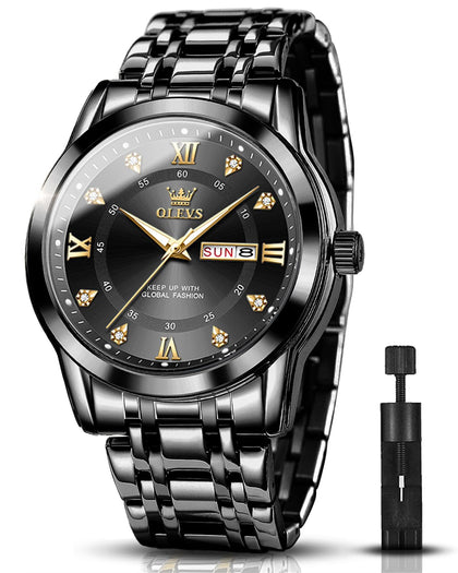 OLEVS Black Watches for Men Analog Quartz Dress Waterproof Business Men's Watch Stainless Steel Diamond Male Wrist Watches